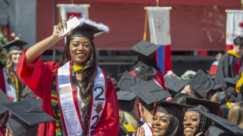 Graduates from the School of Arts and Sciences cheering at the end of the Rutgers’ 257th Anniversary Commencement.