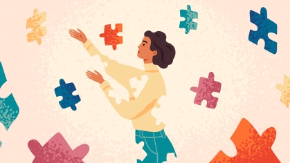graphic image with puzzle pieces floating around and female animation reaching for puzzle piece