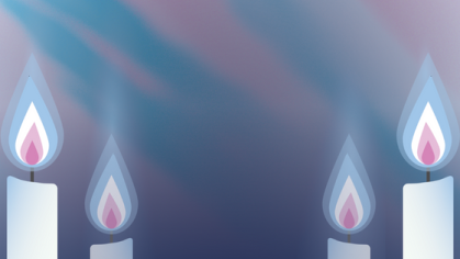 Image with blue and pinks as the background colors with four candles lit with blue and pink and white flames