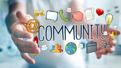 graphic illustration of the word community with blurry hands in the background holding out the word