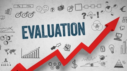 stock image that reads evaluation with a red chart line pointing upward