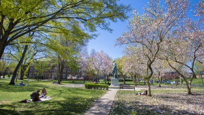 Voorhees Mall surrounding statue of Willie the Silent on an early spring day.