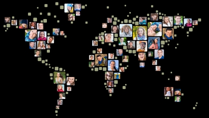Graphic map of the world with people connected in every country
