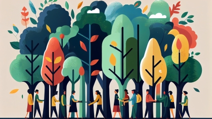 stock graphic of trees and people walking among them