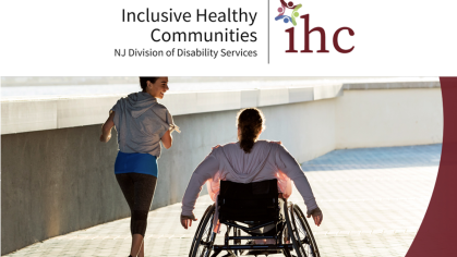Inclusive Healthy Communities (IHC) logo above photos of person running next to person in wheel chair