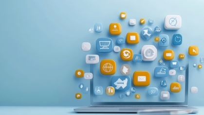 Abstract image of computer with app images surrounding it