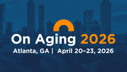 Dark blue city scape with "On Aging 2026" conference logo overtop