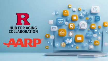 Computer with cloud of app icons with Rutgers and AARP logos