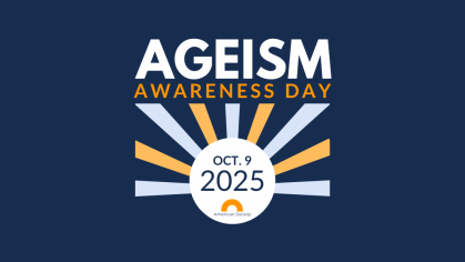 Event logo wit "ageism awareness day" text over a sun-like image with event date, Oct 9 2025, below