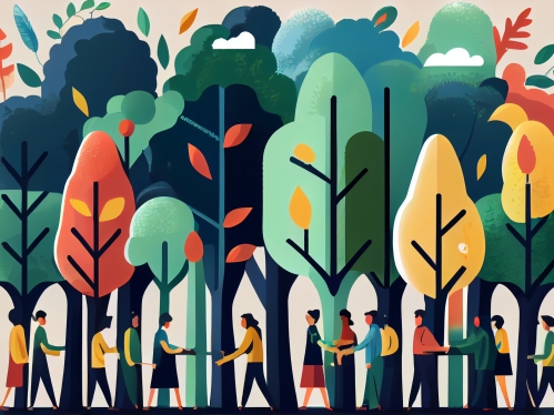 stock graphic of trees and people walking among them
